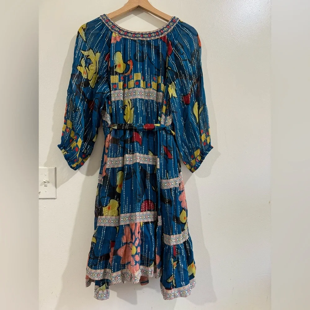 verb Teal Floral Pleated Mini Dress with Tie Waist - Picture 5 of 7